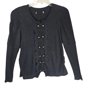 RXB Black Cardigan M Lace Trim Gold Buttons Long Sleeve Knit Sweater Women
